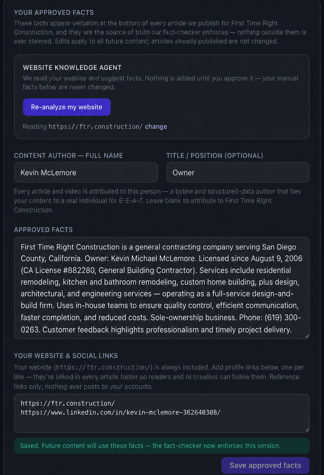 Elevate24 website knowledge agent scanning a business website and building a source-linked evidence profile